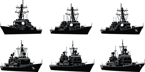 Warship silhouette clipart, destroyer vector icons, naval cruiser shapes, black military ship graphics, modern navy vessel illustrations, defense transport set © Rifat Creatives