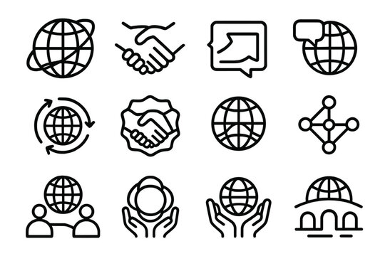 Global Connection Icons. International Connection Symbols linear set: globe pathways, cultural handshake, borderless message line, collaboration arrows, joint initiative badge,