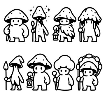 Mushroom Guardians Icons. Mushroom guardian characters set linear set: stout cap guardian, glowing-spore sentinel, moss-cloak protector, crystal-cap watcher, tiny sprout scout,