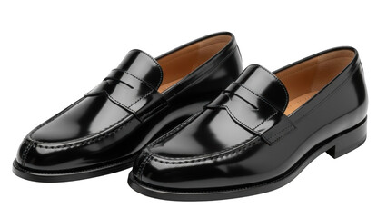 Pair of glossy black leather penny loafers on black background black shoes leather shoes