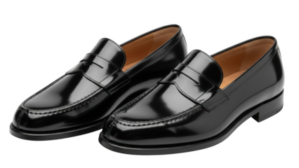 Pair of glossy black leather penny loafers on black background black shoes leather shoes