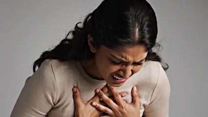 Woman Experiencing Chest Pain, Displaying Discomfort and Anguish on a Grey Background, Studio Shot