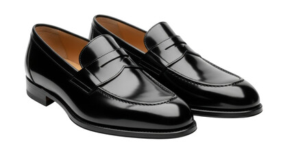 Pair of shiny black leather penny loafers on black background black shoes leather shoes