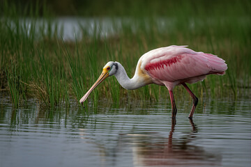 Roseate Spoonbill wading in shallow water foraging for food in marshland wildlife nature photography