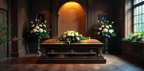 A solitary, ornate casket rests in a dimly lit funeral home chapel, surrounded by somber floral arrangements The scene evokes peace and reflection on mortality , soul, remembrance