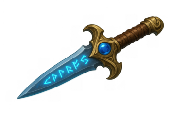 Fantasy dagger with glowing runes and blue gem, a magical weapon for adventure and role-playing games, transparent background