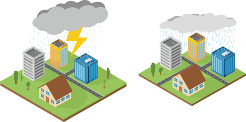 Isometric 3D city illustration with modern urban buildings under heavy rain and thunderstorm clouds showing bad weather climate concept