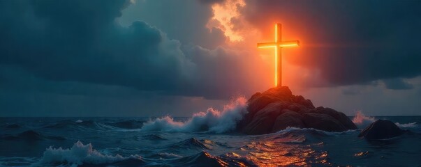 A symbolic image depicting Christian salvation; a single, glowing cross rising from dark, stormy waters, signifying hope and redemption , light, life