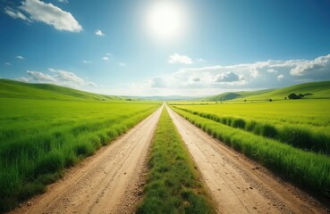 Obraz premium Long dirt road stretches straight through vibrant green fields. Rolling hills surround empty rural landscape under bright blue sky with sun, clouds. Peaceful country scene suggests travel, new paths,