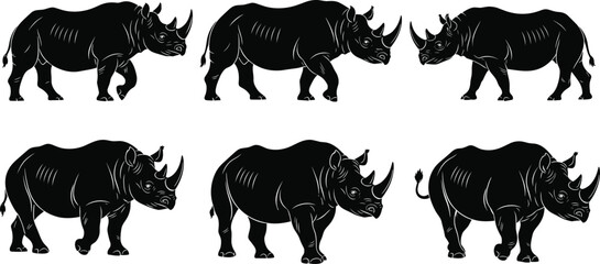 Rhinoceros silhouette, black vector, animal shape, wildlife icon, horned mammal, walking pose, nature design, safari art, African species, illustration © Jisan World