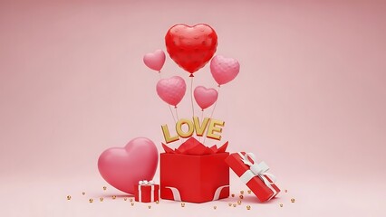 3D render of a red gift box opening with "LOVE" letters, heart balloons, and presents on a pink background for Valentine's Day.