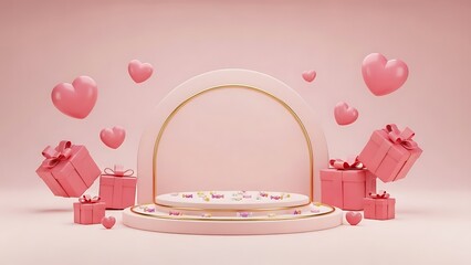 Valentine's Day product display with circular podium, arch, floating hearts, and gift boxes on a pink background