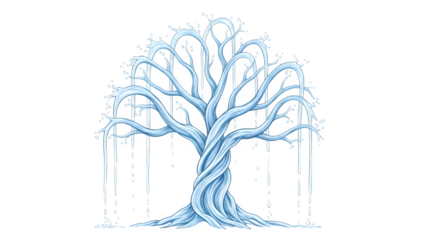 Abstract ice tree sculpture with dripping water isolated on transparent background