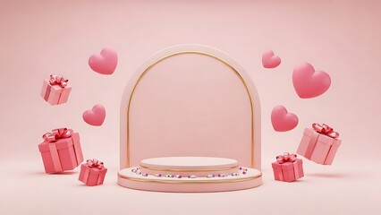 3D render of a product display podium with an arch, surrounded by pink heart balloons and gift boxes on a pink background for Valentine's Day.