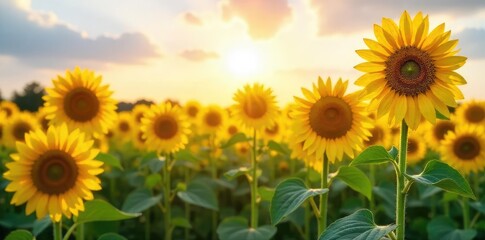 Obraz premium A vibrant field of towering sunflowers basking in the warm sunlight, their golden faces turned towards the sky Perfect for summer, nature, and agriculture themes , helianthus annuus, bright