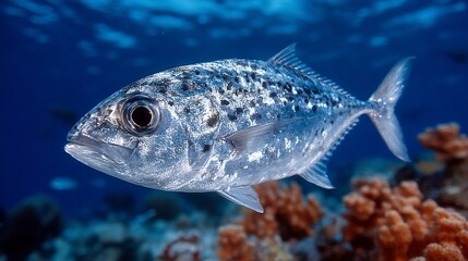 Fototapeta premium Close-up of a Beautiful Silver Trevally Fish Swimming Underwater near Coral Reefs in the Ocean