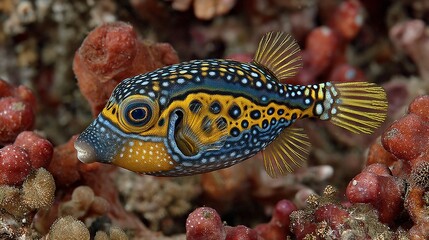 Close-up of a brightly colored Whitespotted Puffer in its natural coral reef habitat, showcasing