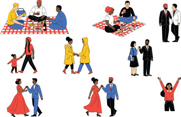 Social activity, picnic scene, people interaction, dancing, walking, handshaking, family moment, outdoor gathering, stylized illustration, colorful characters, relationship concept
