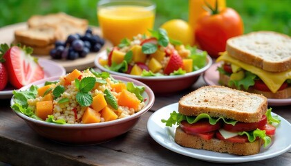 A vibrant spread of healthy and delicious lunch options, including fresh salad, sandwiches, and fruit, perfect for a picnic or office lunch , winter, cheese
