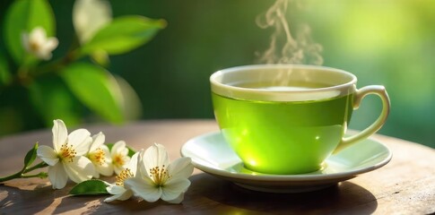 Steaming cup of jasmine green tea, delicate blossoms visible, light green liquid, soft morning light Perfect for healthy lifestyle, relaxation, and tranquility themes , natural, green tea, sunlight