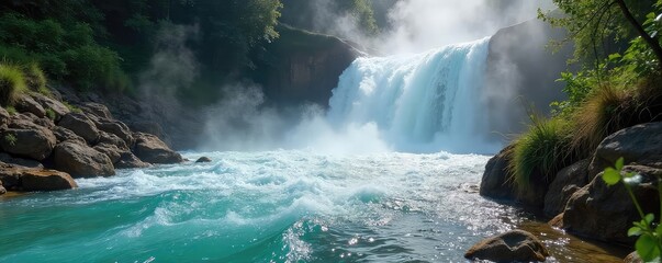 Steam rises from a cascading waterfall, creating a surreal and beautiful hot spring scene  The warm water tumbles over rocks, surrounded by lush, green vegetation ,  relaxation,  mountain,  amazing