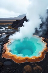Steam rises from a geothermal hot spring in Iceland, revealing turquoise waters and dramatic volcanic landscape  The serene scene showcases the raw beauty of Iceland's nature ,  healing,  clouds