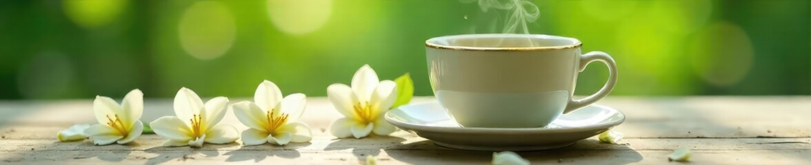 Steaming cup of jasmine green tea, delicate white flowers scattered nearby, soft natural light illuminates the scene, creating a serene and calming atmosphere ,  white flowers,  steam