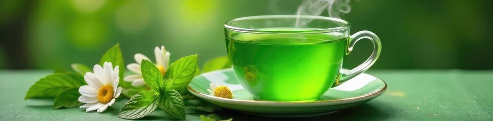 Steaming cup of vibrant green herbal tea, surrounded by fresh mint and chamomile flowers  Perfect for wellness, relaxation, and healthy lifestyle imagery ,  leaves,  cup