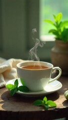 Steaming cup of peppermint tea, fresh mint leaves, and a cozy atmosphere Perfect for relaxation and a soothing beverage , natural, beverage