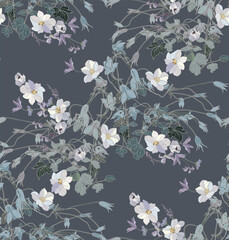 Flowers and leaves in vintage style, on a gray-blue background, seamless pattern.