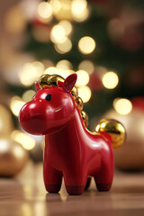 Red Horse Ornament Hanging on Christmas Tree Branch &mdash; Festive Holiday Decoration