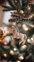 White Horse Ornament Hanging on Christmas Tree Branch &mdash; Festive Holiday Decoration