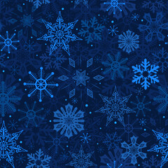 Snowflakes on blue background winter seamless pattern. Christmas New year holiday backdrop. Snow stars in night sky. Deep blue winter repeat design for textile fabric, wrapping paper, packaging print.