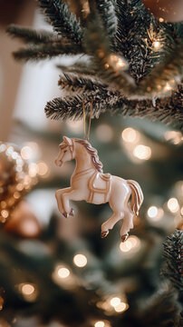 White Horse Ornament Hanging on Christmas Tree Branch &mdash; Festive Holiday Decoration