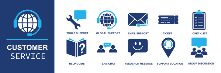 Customer service icon set. Containing tools support, global support, email support, ticket, checklist, help guide, team chat, feedback message, support location, group discussion and more. Solid vecto