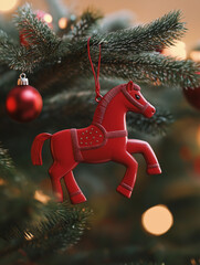 Red Horse Ornament Hanging on Christmas Tree Branch &mdash; Festive Holiday Decoration