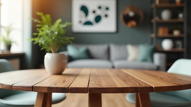 empty wooden table with burred Stylish living room setup modern apartment interior design cozy atmosphere close-up home decor 
