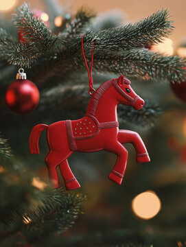 Red Horse Ornament Hanging on Christmas Tree Branch &mdash; Festive Holiday Decoration
