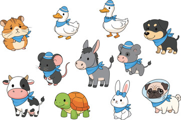 Cute baby animal illustration set with scarves and hats, farm and pet characters, adorable cartoon wildlife collection, playful mascot vector designs