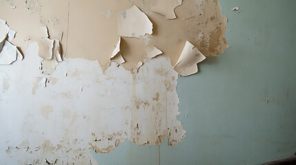 Distressed wall paint reveals layers of age and decay, creating a textured and visually striking surface. Aged beauty showcases the passage of time.