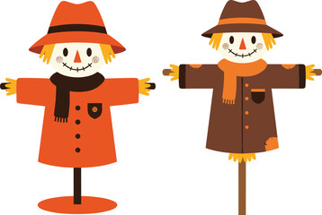 Cute scarecrow illustration pair wearing autumn coats and hats, farm field decoration characters, rustic harvest season straw figures, fall festival vector design