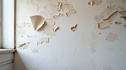 Weathered interior shows peeling paint on plaster wall next to a window frame, revealing layers of age and deterioration in a close-up shot of the texture.