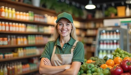 Smiling woman works in health food store. She wears apron and green cap, stands among fresh fruits and vegetables. Shelves with organic drinks and products behind her.