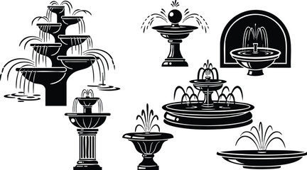 Flat design black fountain silhouette set showing multiple tiered pedestal wall and bowl fountain icons in varied styles angles close up and full view high contrast