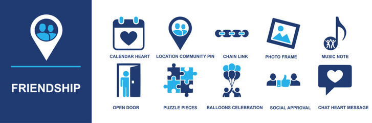 Friendship icon set. Containing calendar heart, location community pin, chain link, photo frame, music note, open door, puzzle pieces, balloons celebration, social approval, chat heart message and mor © Ella