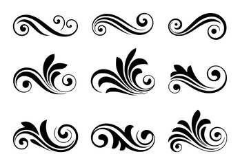 Nine black decorative swirls and flourishes on white background