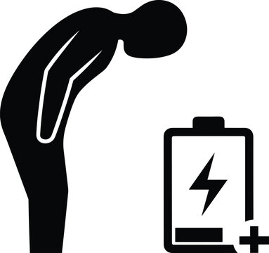 Black silhouette of tired person next to low battery icon exhausted energy