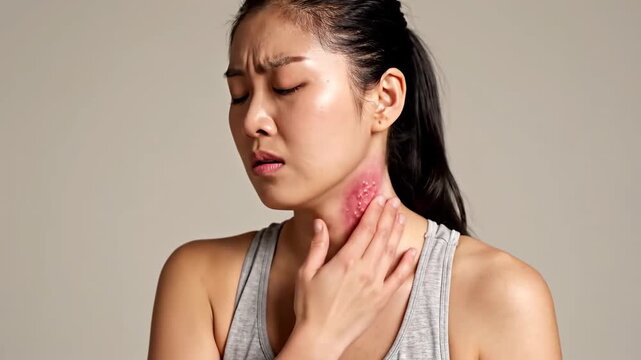 Woman Experiencing Pain with Skin Condition Displayed on Her Neck Area in Sadness