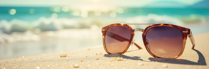 Stylish summer sunglasses resting on a sun-drenched beach, reflecting the bright sunlight Perfect for travel, vacation, and summer lifestyle imagery , eye protection, sky
