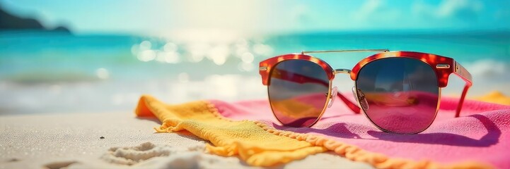 Stylish summer sunglasses resting on a vibrant beach towel, reflecting sunlight and ocean Perfect for travel, vacation, and summer vibes , sea, sunglasses accessories